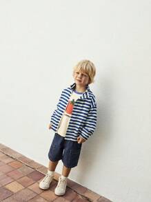 SHEIN Young Boy Navy Style Striped Long Sleeve Collar Casual Outdoor Sports Vacation Jacket, Autumn/Winter Back To School Season