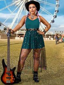 Flirla Plus Size Mesh Vacation Dress With Spaghetti Straps, Summer - Blue - View 4