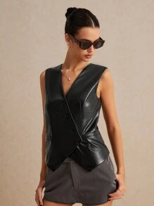 SHEIN Frenchy Women's Black PU Faux Leather Asymmetric Cropped Vest Blazer, Black PU Blazer, Black Vest, Leather Vest, Fall/Winter Clothing, Old Money, Casual Easy Fashion Essentials, Bridgerton Style Elegant - Black - View 5