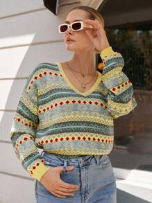 EURMUSE Geo Pattern Drop Shoulder Sweater - Multicolor - View 1