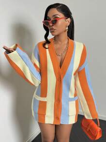 女士开衫开衫针织毛衣纽扣长袖彩条纹口袋包包宽松性感闺蜜聚会四季秋冬女装 - 彩色 - 查看 5