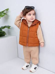 SHEIN 3 sztuki/zestaw chłopięcy ciepły jednolity kolor polarowa kamizelka, bluza z kapturem, zestaw długich spodni na jesień i zimę, odpowiedni na zewnątrz, narciarstwo