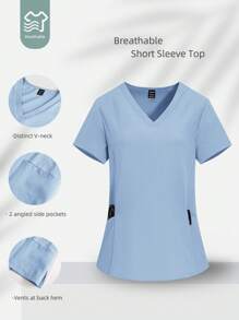 TaskEZ 女士 V 领手术服上衣 - V 领短袖护士制服手术服上衣，带 2 个口袋 - 淺藍色 - 查看 1