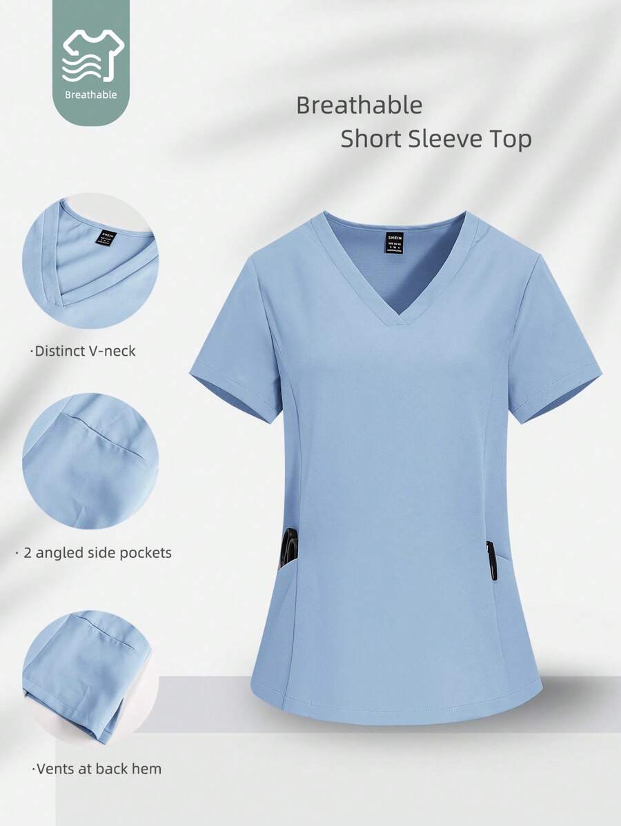 TaskEZ 女士 V 领手术服上衣 - V 领短袖护士制服手术服上衣，带 2 个口袋 - 淺藍色 - 查看 1