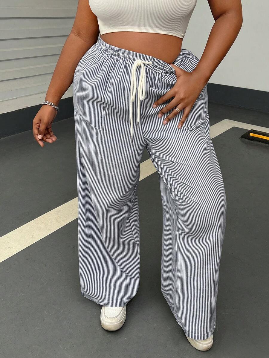 SHEIN EZwear 大码女式条纹阔腿休闲裤 - 藏蓝色 - 查看 1