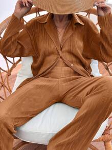 EURMUSE Solid Plisse Two-Piece Outfit - Brown - View 3