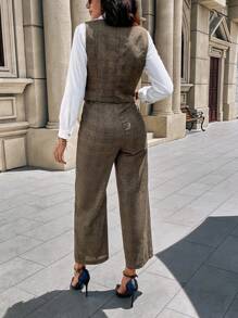 SHEIN LUNE Chaleco corto de mujer elegante y retro a cuadros - Marrón - Ver 2