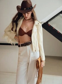 MOTF STUDIO PU LEATHER FRINGE TRIM BIKER JACKET - Apricot - View 7