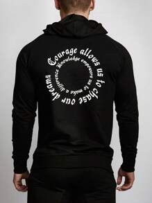 Manfinity Fitness 男友风男式口号印花连帽长袖休闲运动衫基本款上衣 - 黑色 - 查看 1