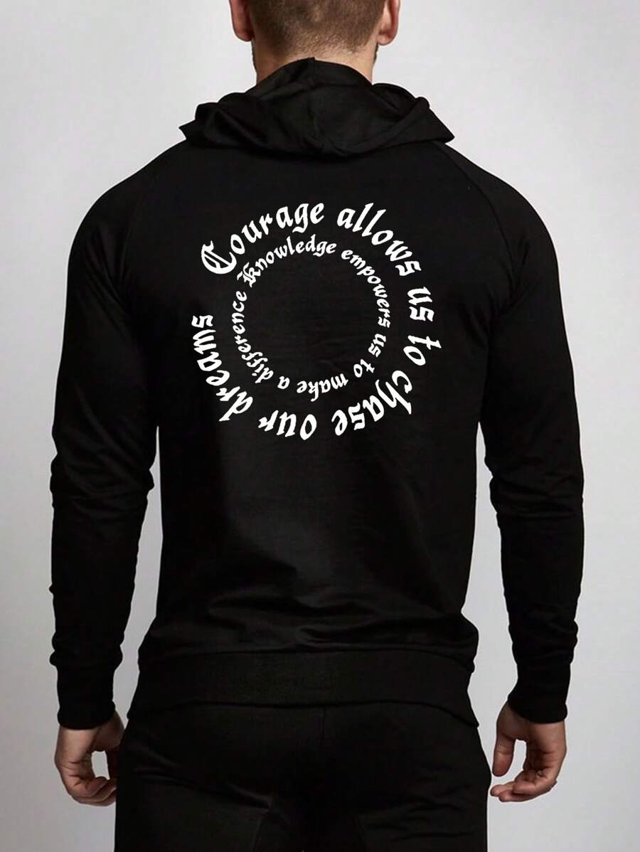 Manfinity Fitness 男友风男式口号印花连帽长袖休闲运动衫基本款上衣 - 黑色 - 查看 1