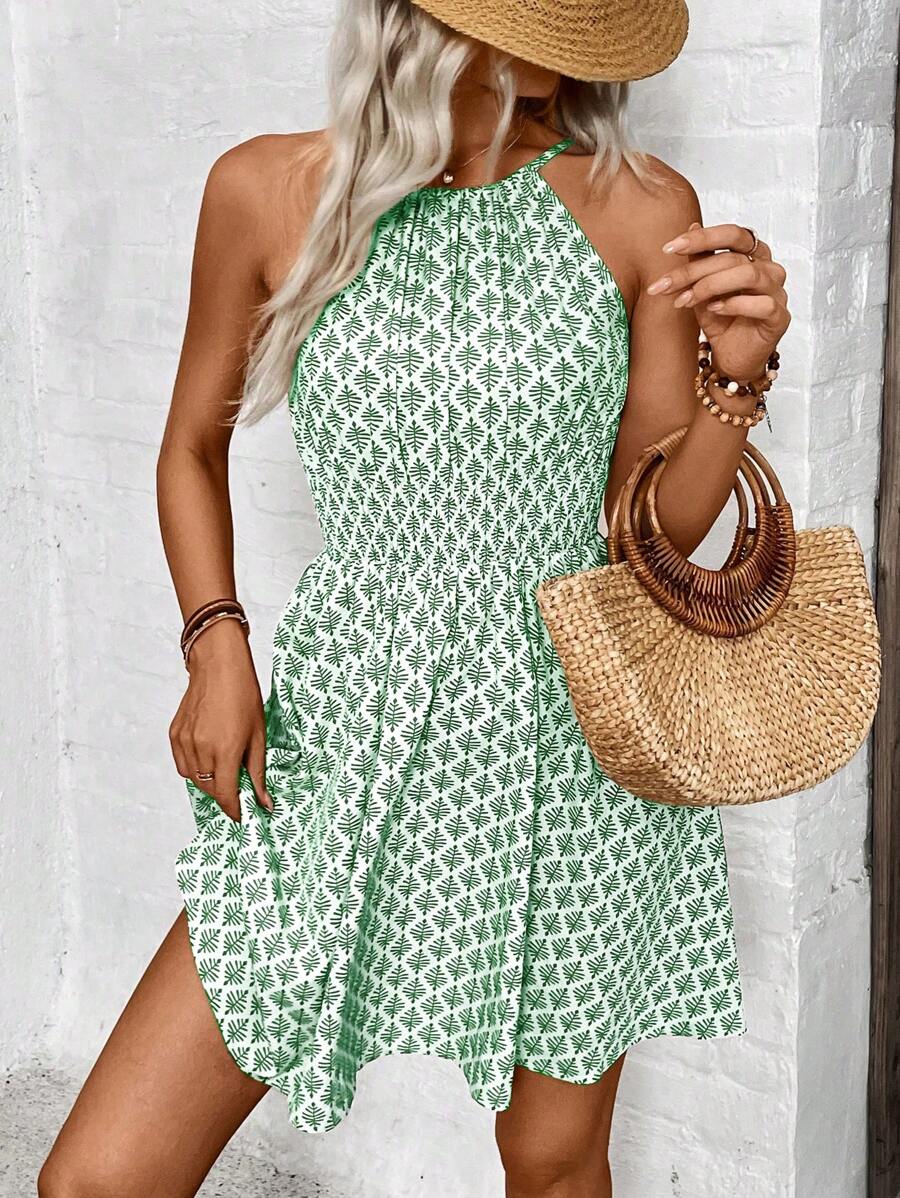 SHEIN LUNE All-Over Print Halter Neck Casual Vacation Dress - Green - View 1