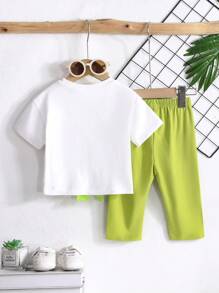 2pcs Baby Boys' Summer Short Sleeve Cute Dinosaur Printed T-Shirt And Elastic Waistband Pants Set - Green - View 2
