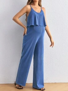 SHEIN Peto holgado de maternidad en denim, mono con camisola azul - Azul - Ver 2