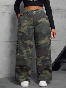 SHEIN SXY Plus Size Denim Camouflage Cargo Straight Pants - Multicolor - View 4
