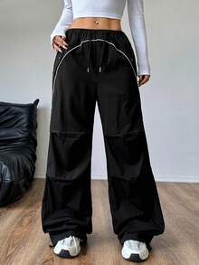 SHEIN Unity Women Drawstring Casual Cargo Pants With Striped Decor - Black - View 6