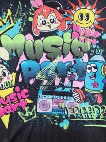 Kapuzenpullover mit Graffiti-Karo-Print und Leggings mit Vollgrafik für Tween-Mädchen, 2 Stücke Outfit - Schwarz - Übersicht 6