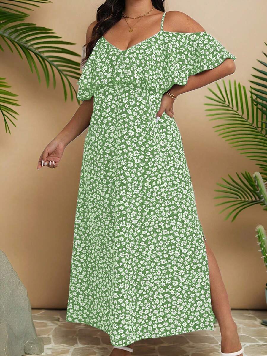 Breezaya 大码女式随机印花露肩优雅休闲连衣裙 - 薄荷綠 - 查看 1