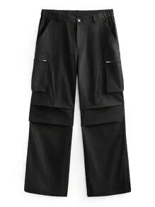 Manfinity VCAY 男士街头棉质中腰拉链多口袋喇叭下摆宽松休闲工装裤 - 黑色 - 查看 7