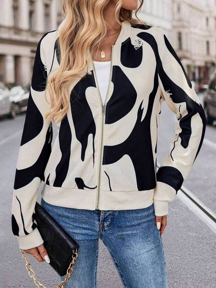 SHEIN LUNE Women's New Abstract Random Print Zip-Up Short Jacket, Autumn Winter - Multicolor - View 1