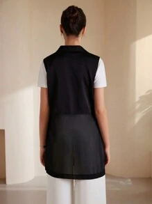 SHEIN Privé Fashionable Satin Contrast Mesh Midi Vest, Spring/Summer , Black - Black - View 3