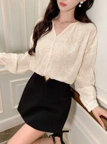 DAZY 纯色纹理宽松长袖女式衬衫，荷叶边透视，秋季服装 - 米色 - 查看 8