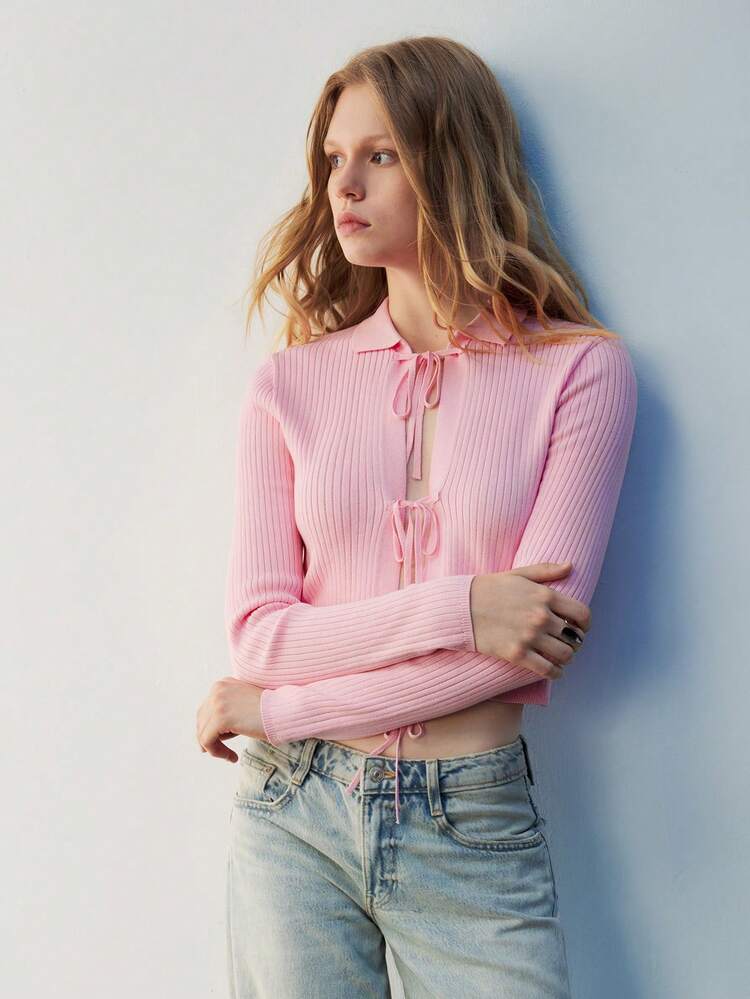 SHEIN Maija Tie Front Collared Open Cardigan