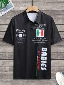 Manfinity Homme Men's Front Button Short Sleeve Letter Print Casual Shirt - Black - View 3