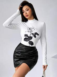 SHEIN Privé Women Placement Floral High Neck Long Sleeve T-Shirt