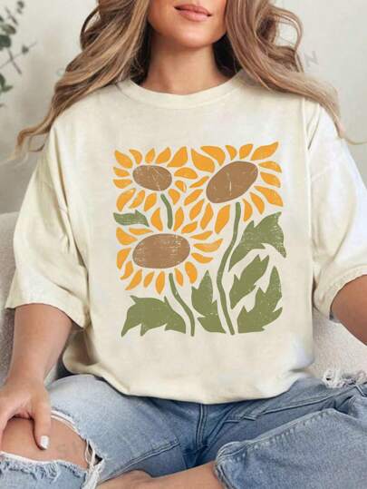 INAWLY 复古花卉衬衫、Comfort Colors® T 恤、复古向日葵衬衫、野花 T 恤、波西米亚风 T 恤、植物印花衬衫、超大号 T 恤、送给妈妈的礼物图案 T 恤女式上衣