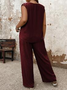 Conjunto de 2 piezas de talla grande, top sin mangas de cuello en V y pantalones rectos de pierna informal con lazo - Burdeos - Ver 2