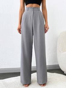 SHEIN Tall Pantalones de traje a rayas de pierna ancha para personas altas - Gris Claro - Ver 4