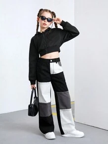 SHEIN Explorewe Tween Girls' Furry Y2K Patchwork Long Denim Jeans - Black and White - View 8