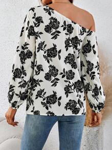 SHEIN Clasi Elegant Floral Print Square Collar 3/4 Lantern Sleeve Loose Fit Women's Blouse Black And White Shirt Asymmetrical Shoulder Long Sleeve Long Sleeve Shirt Teacher Clothes - Black and White - View 2