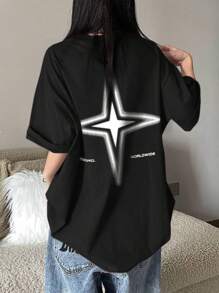 INAWLY Áo thun tay ngắn cổ tròn in hình ngôi sao & chữ Plus Size, mùa hè - màu đen - Xem 1