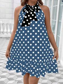 SHEIN Unity Plus Size Polka Dot Printed Ruffle Hem Summer Dress - Dusty Blue - View 4
