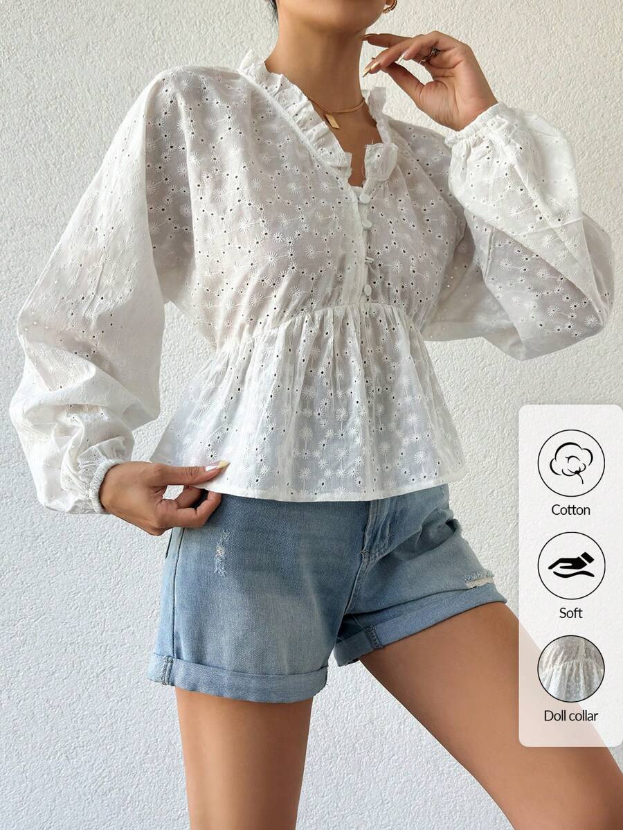RueChic Blouse À Broderie Anglaise À Plis À Volants - Blanc - Voir 1