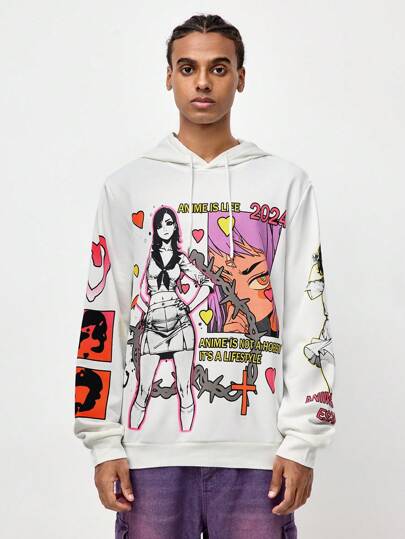 ROMWE Avant Sudadera con capucha con cordón frontal estampado para hombres, uso casual de todos los días, escuela