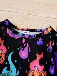 SHEIN Abito casual sportivo da ragazza per autunno, Ognissanti, elegante e carino, con stampa colorata a fiamma viola e zucca, per festa di Ognissanti