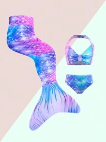 Baby Young Girl Fish Scale Print Halter Bikini Top And Bottoms Bikini Set Summer Beach