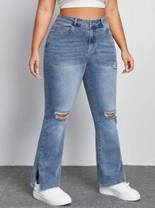 SHEIN CURVE+ Plus Size Denim Stretch Fashion Slim Flared Pants - Blue - View 6