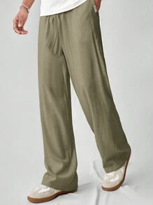 SWAVVY Men's Casual Solid Color Woven Loose Straight Linen-Like Pants, Fall - Army Green - View 5