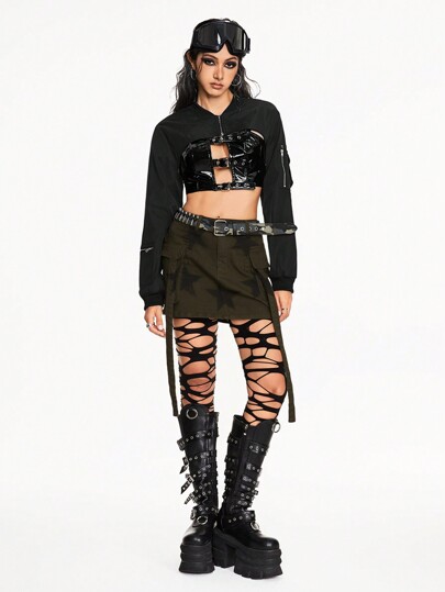 Grunge Punk Women's Spring Summer Stylish Punk Cropped Zip Up Cargo Jacket