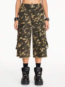 ROMWE Grunge Punk Pantaloncini a gamba larga a vita alta in denim vintage lavato con stampa mimetica, adatti per la scuola - Multicolore - Visualizzare 5