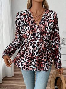 SHEIN LUNE 女士 V 领豹纹褶皱休闲长袖衬衫