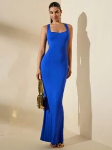SHEIN BAE Women's Solid Blue Backless Criss-Cross Strap Elegant Dress, Party & Date Outfit