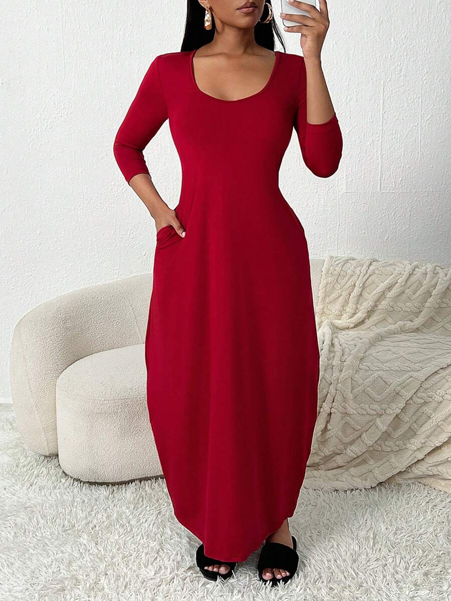 SHEIN SXY Lässiges, Oversized Damen Langkleid mit 3/4 Ärmeln für den Herbst - Bordeaux - Übersicht 1