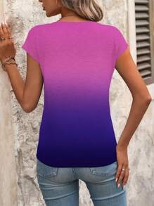 SHEIN LUNE T-shirt décontracté d'été pour femme à col en V et à manches courtes dégradé