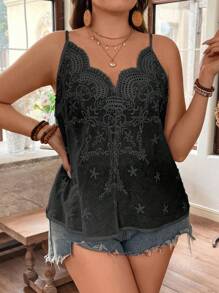 Breezaya Plus Size Shell Trim V-Neck Embroidered Camisole, Casual Everyday - Black - View 3