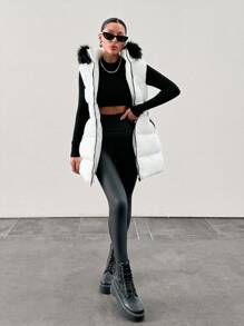 EURMUSE Gepolsterter Weste mit Fellkapuze und verstellbarer Taille, zwei Seitentaschen, dicker und modischer Daunenjacke, Steppdetails - Schwarz und Weiss - Übersicht 7