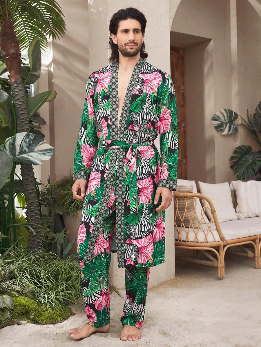 Manfinity Underwear&Sleepwear Basics Conjunto de pijama con top largo y pantalones estampado floral de patrón completo y parches para hombre - Multicolor - Ver 1